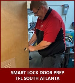 TFL South Atlanta access control technician preps a door for a VIZpin smart lock